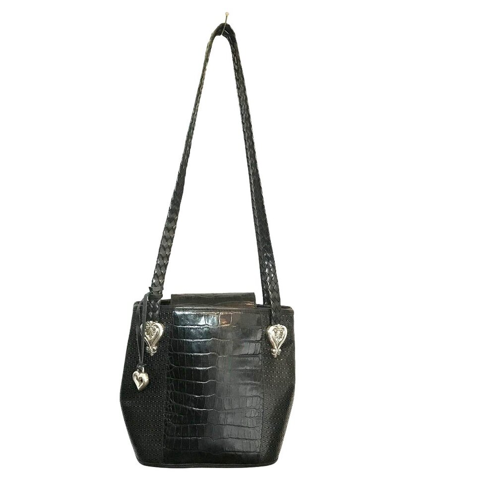 VTG Brighton Black Leather Bucket Shoulder Bag With Heart Charms